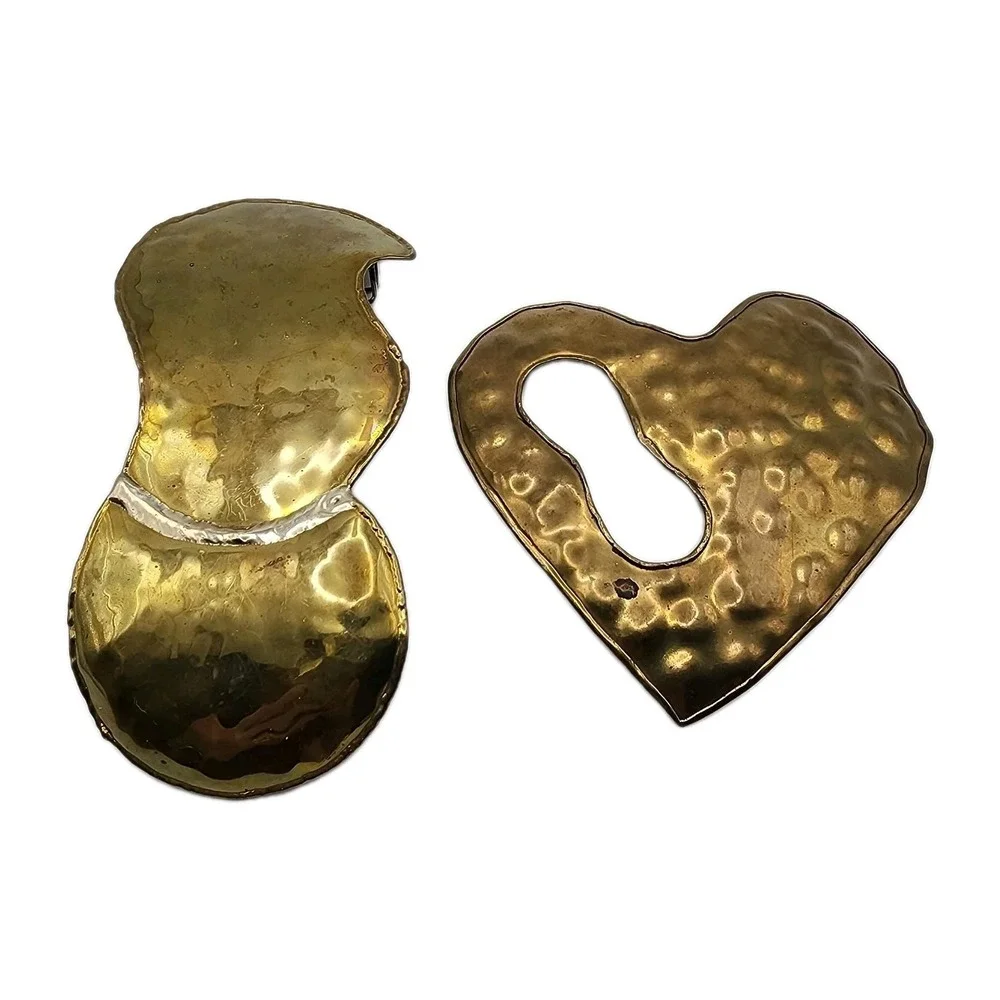 Vintage Artisan Hammered Brass Heart Scarf Clip Slide Brutalist Belt Buckle Pair